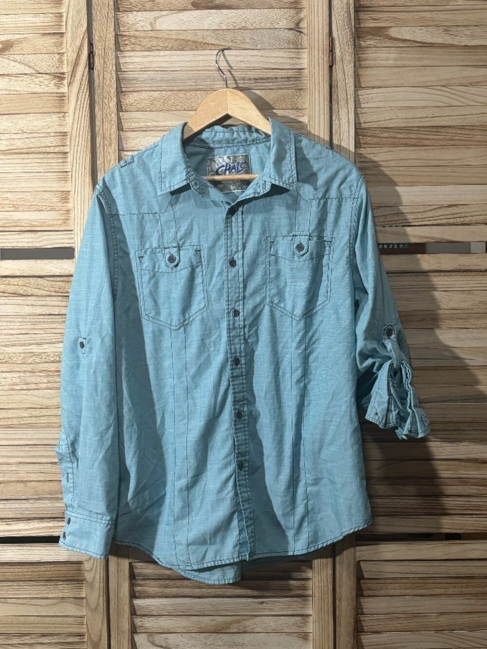 Chalc Men’s Lightweight Outdoor Hiking Shirt Blue Roll-Up Sleeve Size L